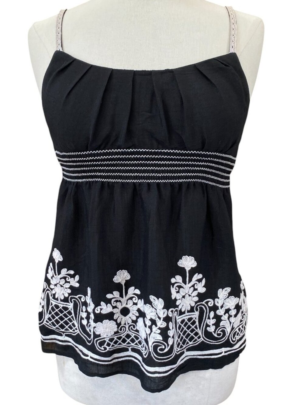 Vintage Heartsoul Y2K Embroidered Babydoll Cami Tank Top Black Whimsigoth Boho-S